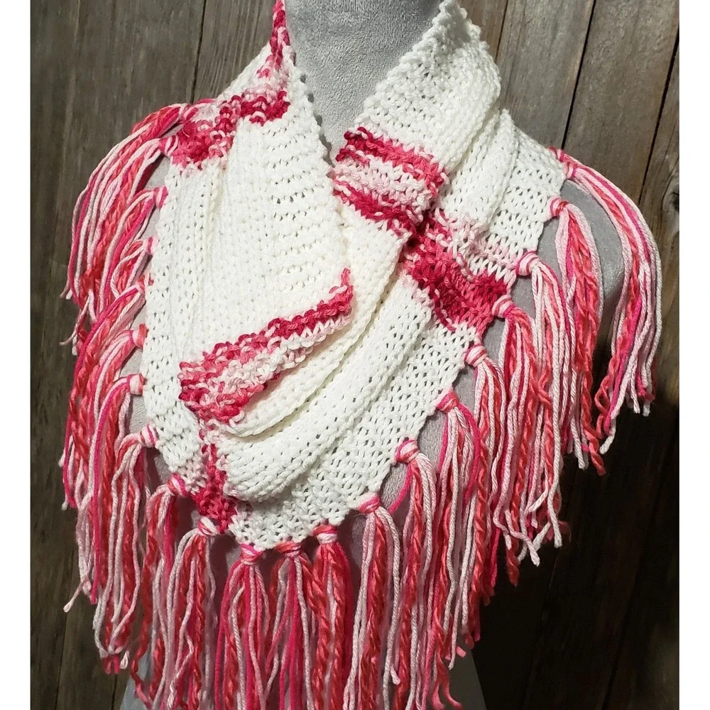 NEW Hand Knitted Pink White Womens Boho Cowl Scarf Fairy Cottage Coquette Whimsy